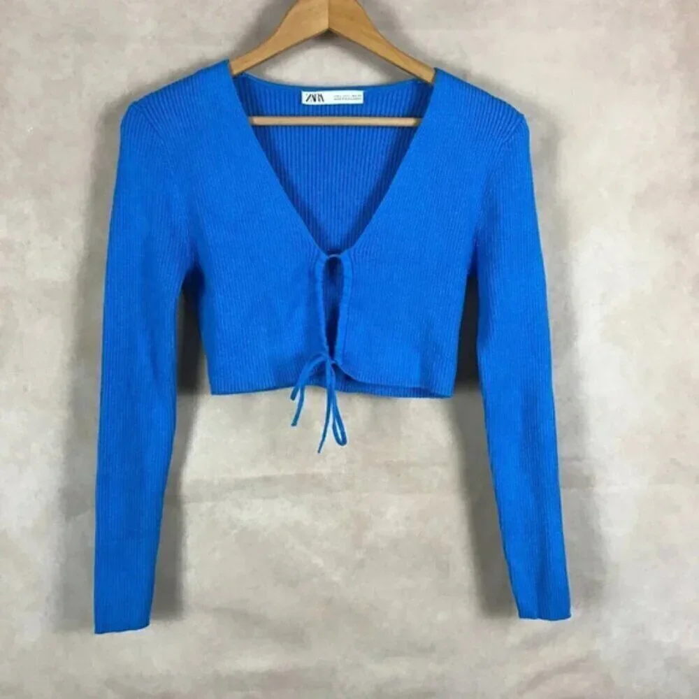 ZARA Blue Tie Front Rib Knit Crop Top Size Large